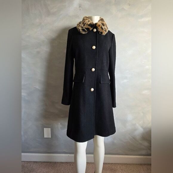kate spade Jackets & Blazers - Kate Spade New York Leopard Collar Wool Trench Coat, Black, Women's S